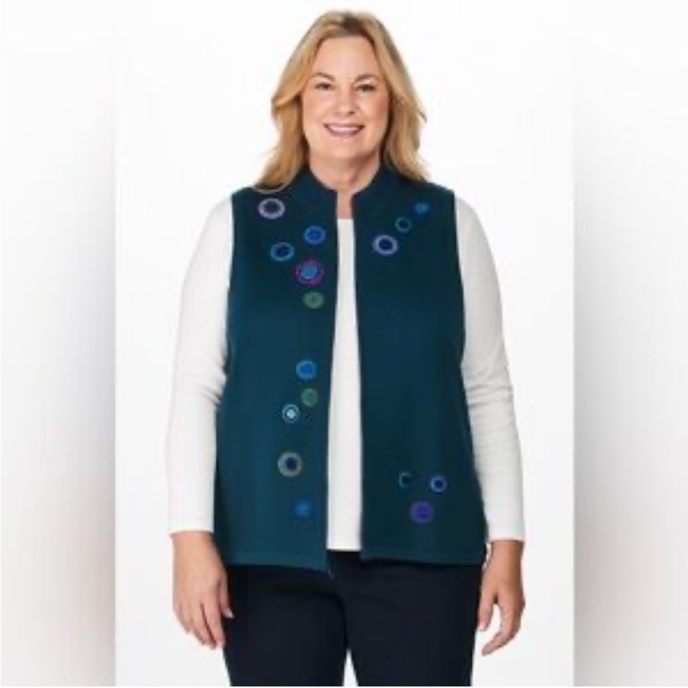 Coldwater Creek Teal Wool Blend‎ Sweater Vest with Circle Embellishments